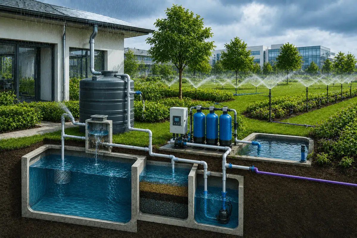 Integrated rainwater harvesting, filtration, and water recycling system supporting sustainable irrigation and efficient water conservation.